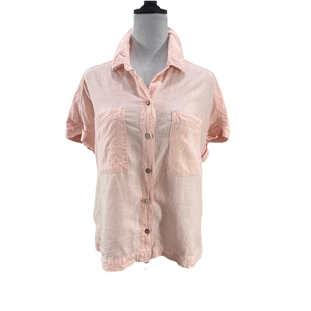 Lola River Women's Pink Size M Light Pink Oversized Linen Button Down Top